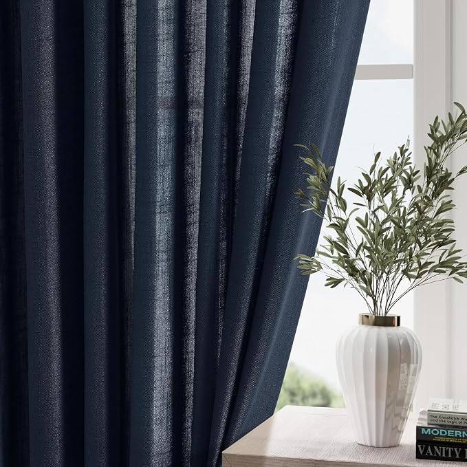 Navy Blue Linen Textured 96 Inch Curtains 2 Panel Set Back Tab Rod Pocket Semi - Image 2
