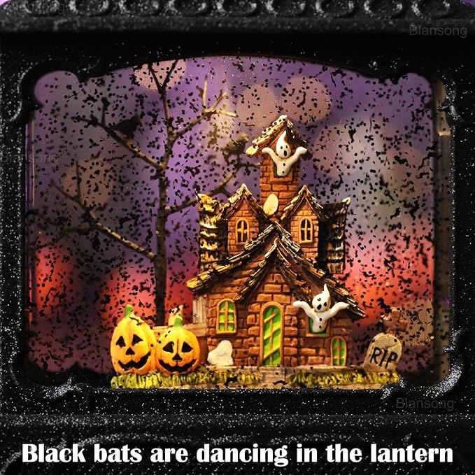 Halloween Snow Globe Lantern Ghost Snow Globe Halloween Decorations for Home Haunted House Pumpkin Ghost Tree Crow Rip Dancing Bats with Timer, USB and Battery Powered 12 inch