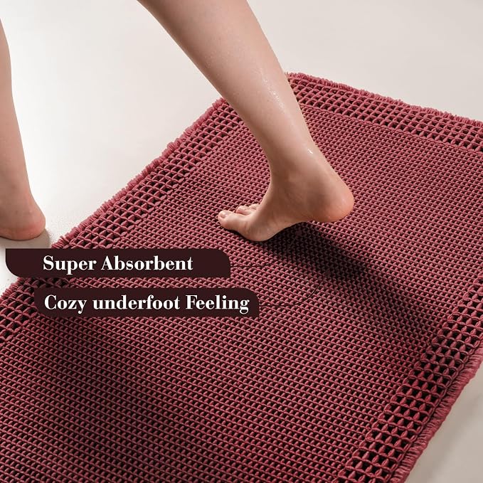 RESARE Waffle Bathroom Runner Rugs, Non Slip Boho Bath Mat 24"x72" Dark Red | - Image 3