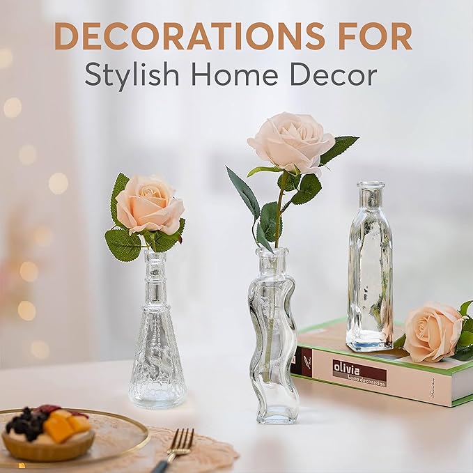 Small Vintage Glass Bottles with Corks, Mini Vases, Decorative Glass Bottle, Potion Bottles, Assorted Design - Set of 14 assorted design 5oz 6.5-7 inch tall 1.8-2.inch wide.