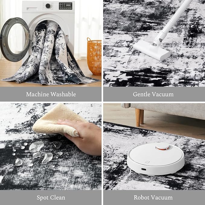 Rugflix 2x6 Runner Rug for Hallway, Washable Black Grey Kitchen Runners | - Image 4