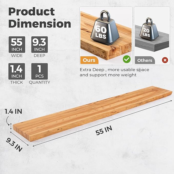 RICHFOCUS Live Edge Elm Floating Shelves - 55" W x 9.3" D Rustic Solid Wood Wall Shelves with Invisible Bracket, Wall-Mounted for Living Room, Bedroom, Kitchen Storage & Display, Set of 1, Natural