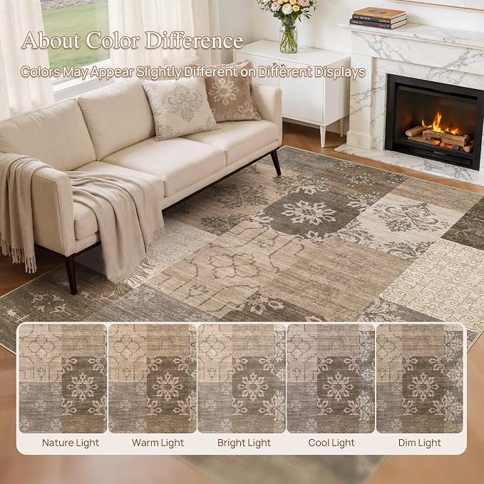 UERMEI 9x12 Area Rug for Living Room, Washable Brown Modern Geometric Patchwork - Image 6