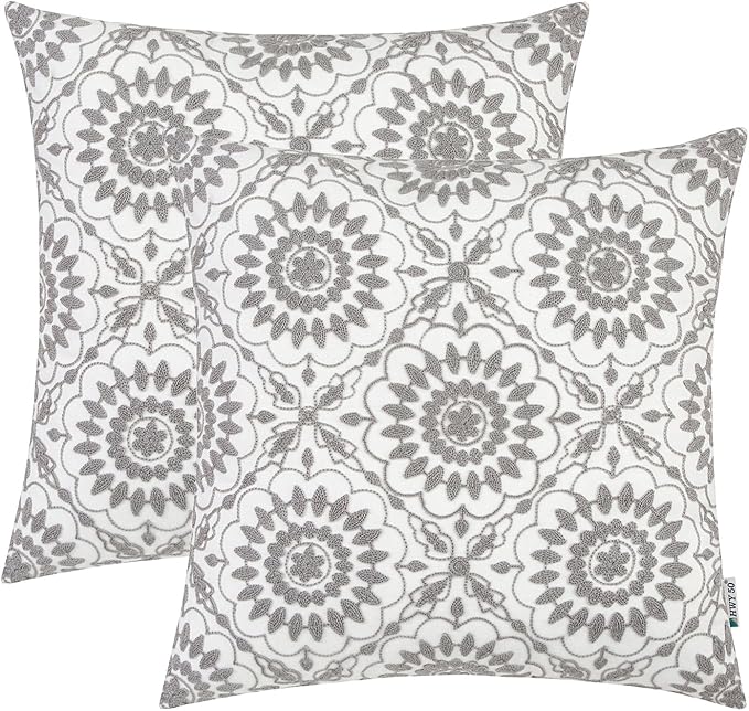 HWY 50 Gray Grey Decorative Throw Pillow Covers 18x18 Inch, Pack of 2 Embroidered Cotton Farmhouse Cushion Cover Pillow Case for Sofa Couch Living Room Bed Bedroon, Little Sunflower Design