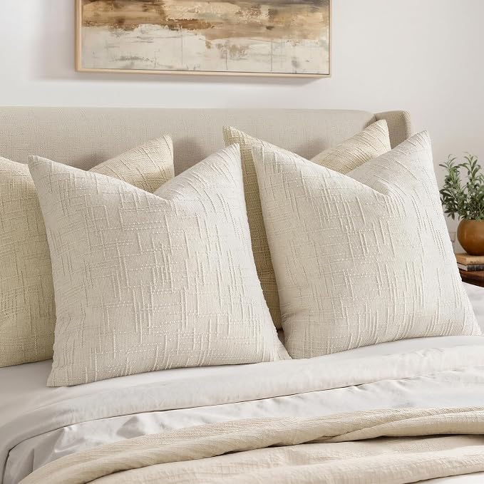 MIULEE Chenille Textured Euro Throw Pillow Covers Cream White 26x26 | Set of 2 - Image 4