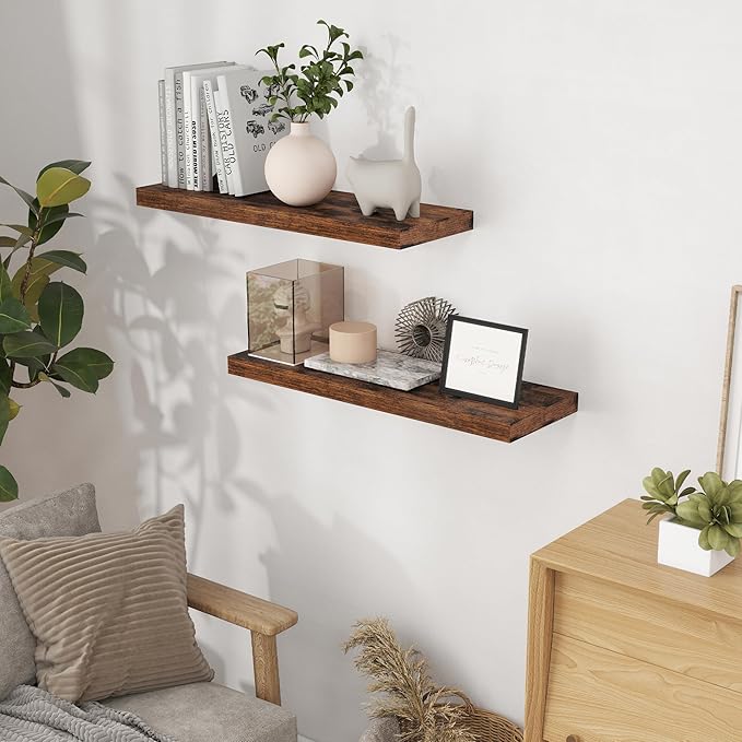 Fun Memories 32 Inch Floating Shelves, Farmhouse Wood Floating Shelf Set of 2, 32 x 9 Floating Shelf Wall Mounted, Deep Storage Display Shelves for Kitchen, Bedroom, Living Room, Rustic Brown Color
