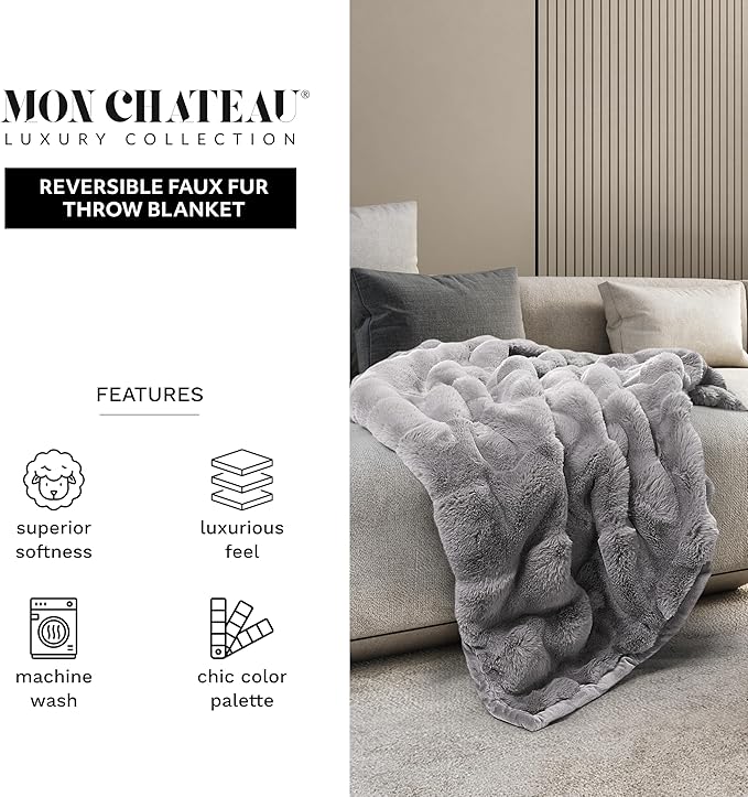 Mon Chateau 60" x 70" Faux Fur Throw Blanket - Reversible Soft Blanket for Queen-Size Bed, Couch, or Sofa, Cozy Home Decor and Stylish Living Room Comfort in Grey