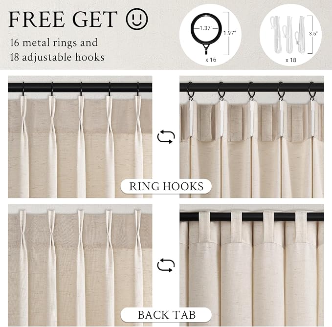 Topfinel 96 Inches Long Pinch Pleated Semi Sheer Curtains, Ivory Beige Linen - Image 6