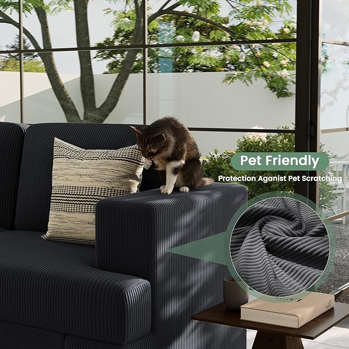 3 Pieces Corduroy Couch Set for Living Room, 7 Seats Cloud Sofa, Deep Seat Floor Couch for Bedroom, Futon Modern Sofa Sectional Bed, Black Corduroy