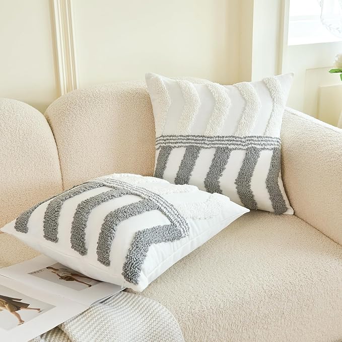 HOdo Home 18x18 Throw Pillow Covers, 2PCS Tufted Boho Jacquard Pillow Covers,Farmhouse Decorative Pillow Cover,Pillow Cases for Couch Sofa Bed Stylish Decor, Simple Textured Cushion Sham