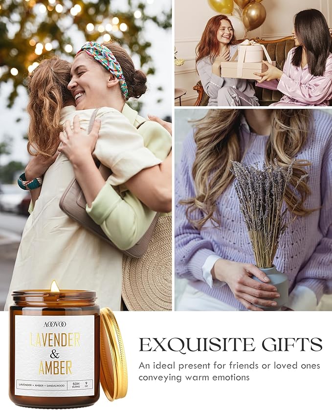 AOOVOO Lavender Amber Candles - 9 oz Scented Candles, Aromatherapy Candle, Soy Candle for Home Scented