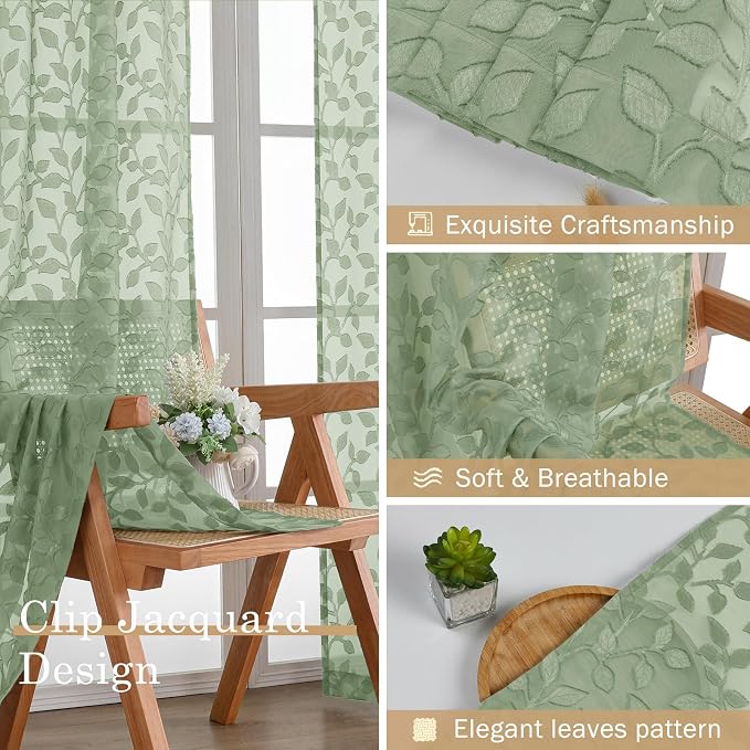 Chyhomenyc Extra Long Sage Green Sheer Curtains 108 Inch Length 2 Panels Set - Image 7