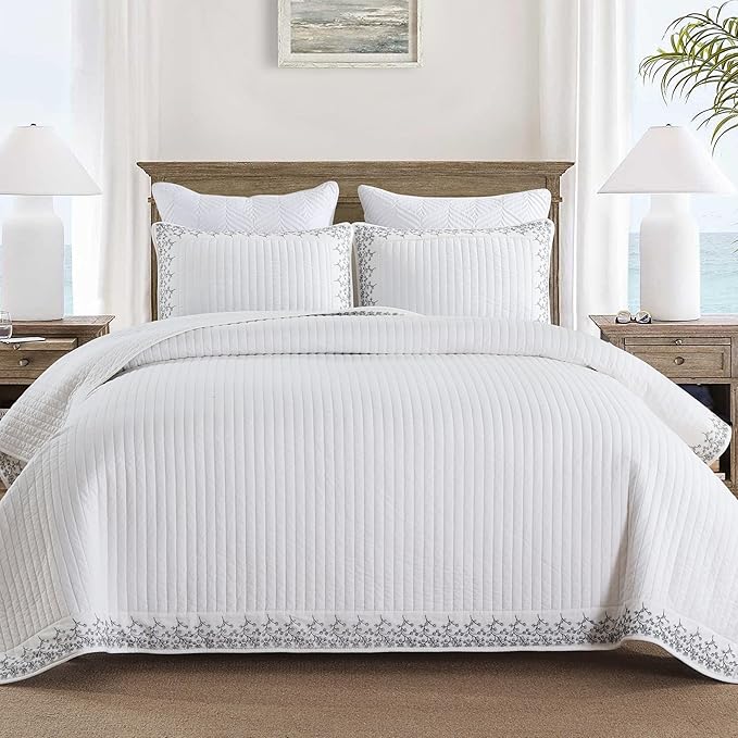 MarCielo 3-Piece 100% Cotton White Striped Quilt Set with Botanical Edge Embroidery TC(Sakura White,Queen (98" X 90"))