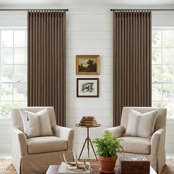 Brown Linen Pinch Pleated Black Out Memory Trained Curtains 102 Inches Long | - Image 7