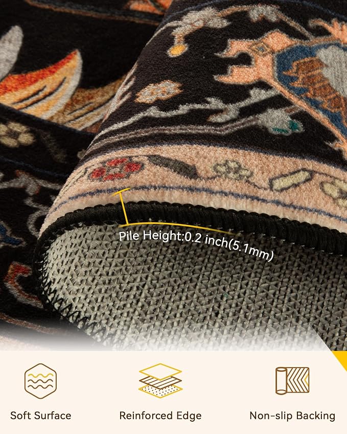 Area Rugs 6ft Washable Non-Slip, Floral Vintage Distress Print Pattern - Image 4
