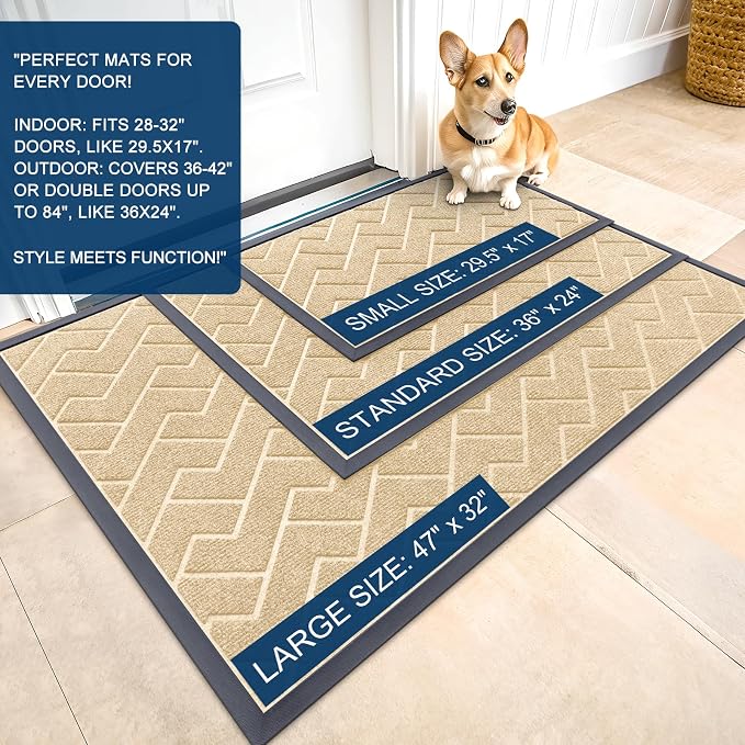 OLANLY Front Door Mat Outside 47x17, All-Season Absorbent Rubber Doormat | Beige - Image 2
