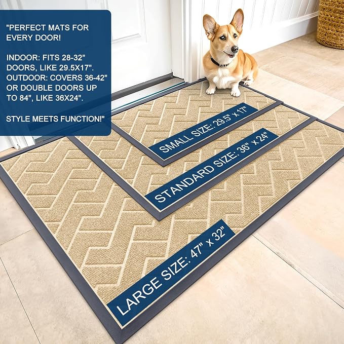 OLANLY Front Door Mat Outside 35x23, All-Season Absorbent Rubber Doormat | Beige - Image 2