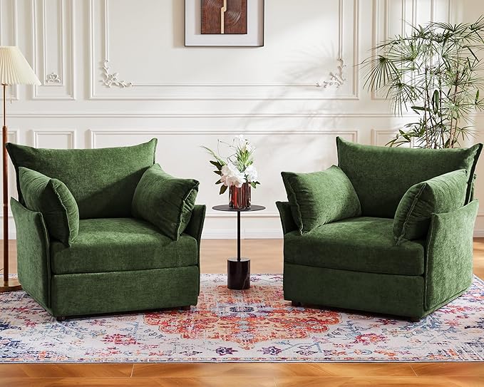 Oversized Accent Chair, Upholstered Modern Sofa Chair with Removable Backrest & Detachable Cover, 24.5" Deep Seat Large Reading Armchair for Living Room Bedroom Office - Chenille Green Set of 2