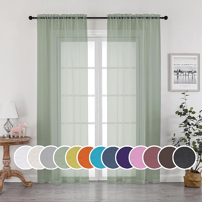 OWENIE Sheer Curtains 90 Inches Long 2 Panels Set, Sage Green Sheer Curtains by OWENIE