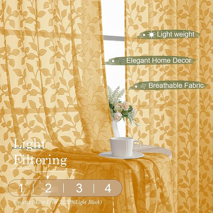 Chyhomenyc Extra Long Gold Sheer Curtains 108 Inch Length 2 Panels Set - Image 2
