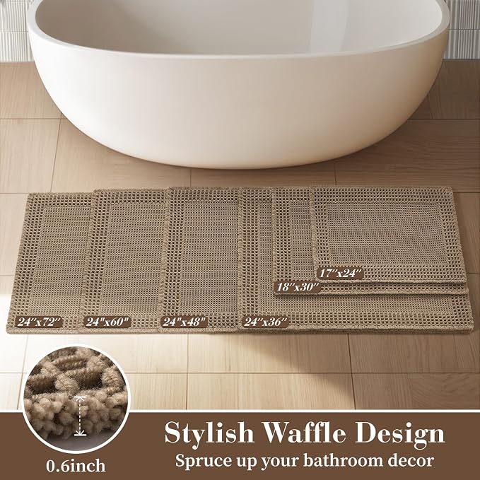 RESARE Waffle Bathroom Runner Rugs, Non Slip Boho Bath Mat 24"x60" Brown | Long - Image 5