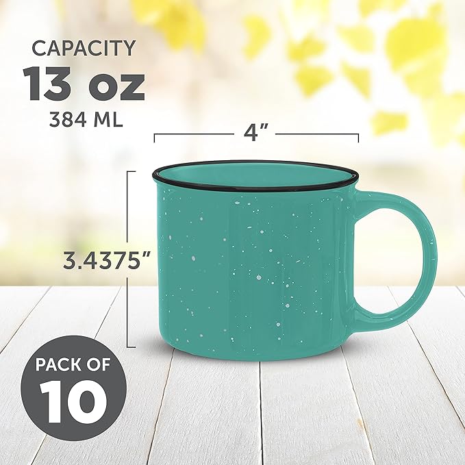 DISCOUNT PROMOS Ceramic Campfire Coffee Mugs 13 oz. Set of 10, Bulk Pack - Perfect for Tea, Espresso, Cappuccino, Hot Cocoa - Mint