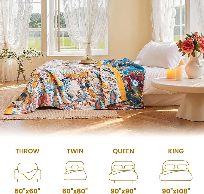 MSGKV Boho Throw Blanket 90"x90" Floral Cotton Blanket - Image 5