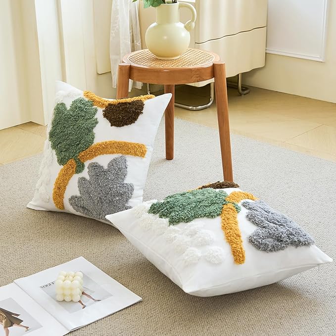 HOdo Home 18x18 Throw Pillow Covers, 2PCS Tufted Boho Jacquard Pillow Covers,Farmhouse Decorative Pillow Cover,Pillow Cases for Couch Sofa Bed Stylish Decor, Simple Textured Cushion Sham