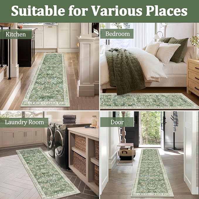 Yamaziot 3x8 Washable Hallway Runner Rug Non Slip Floral Carpet, Sage Green | - Image 5