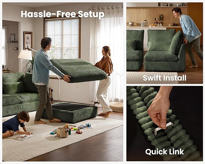 Oversized Modular Sofa, Extra Deep Cloud Corduroy Sectional Couch with Ottoman Chaise, Fluffy Corduroy 5 Seater Sofa Bed for Living Room, Villa (L Shape 5 Seater, Corduroy Green)