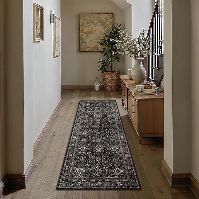 Schweek 2x5 Runner Rug Washable Vintage Non Slip Black Floral Hallway Rugs | by Schweek