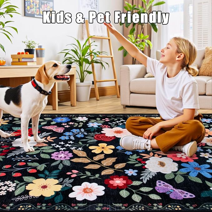 PLHXFR Round Area Rug Living Room: 8 ft Floral Washable Soft Carpet Black | - Image 6