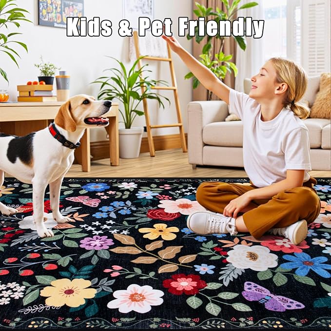 PLHXFR Area Rug Living Room: 3x5 Floral Washable Boho Soft Carpet Black | - Image 6