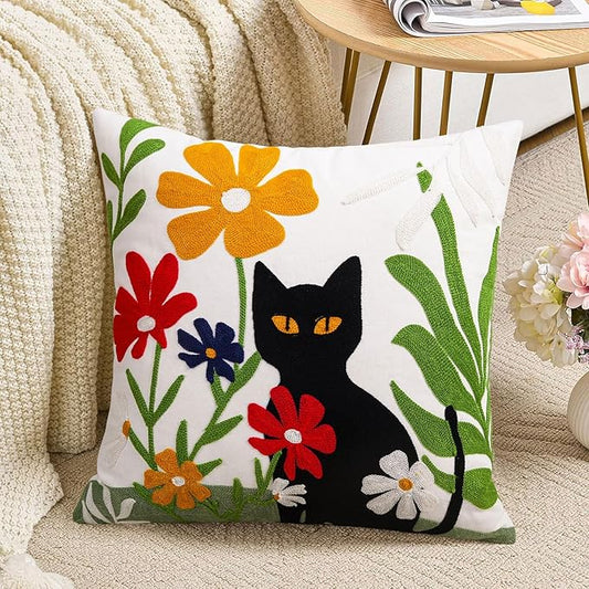 Merrycolor Embroidered Pillow Covers 18x18 Black Cat and Flower Pattern Halloween Decorative Throw Pillow Covers Comfortable Cotton Canvas Square Couch Cushion Cases for Sofa Bed Living Room Decor