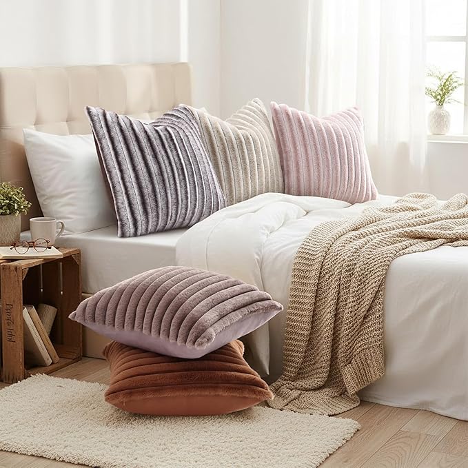decorUhome Fall Faux Fur Throw Pillow Covers 26x26 Set of 2 Beige White | - Image 6
