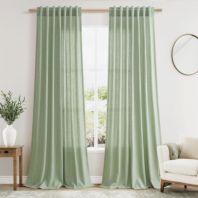 Nanspring Mist Sage Linen Curtains Semi Sheer 96 Inches Long 2 Panels Set by Nanspring