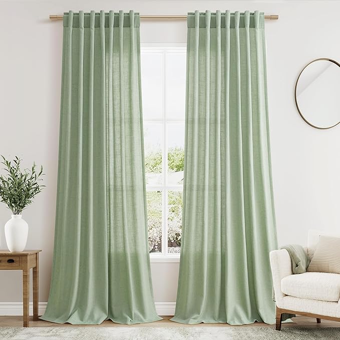 Mist Sage Linen Curtains Semi Sheer 96 Inches Long 2 Panels Set by Nanspring