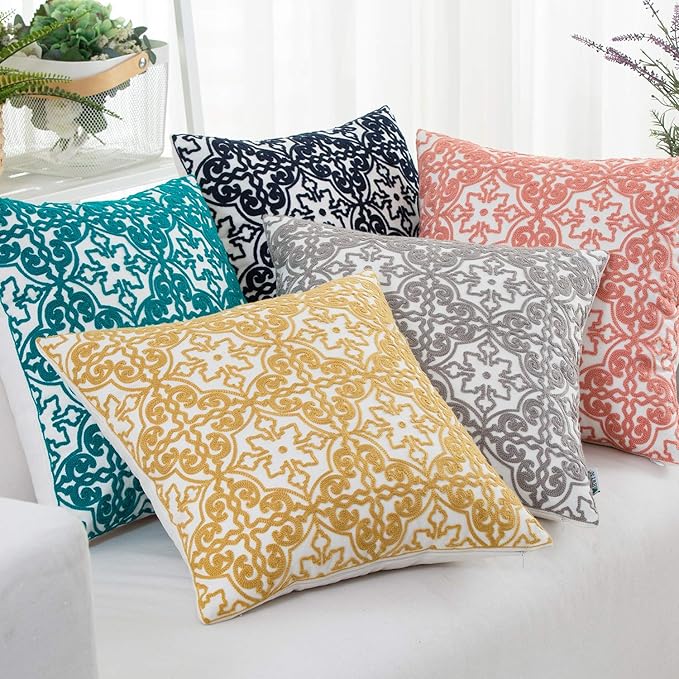 HWY 50 Mustard Yellow Decorative Throw Pillow Covers 18x18 Inch, Pack of 2 Embroidered Cotton Farmhouse Cushion Cover Pillow Case for Sofa Couch Living Room Bed Bedroon, Sunflower Design