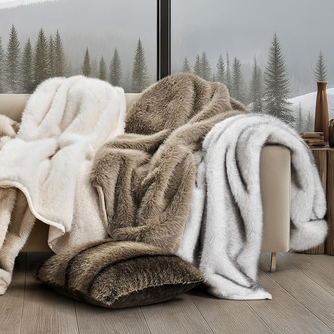 Luxury Faux Fur Throw Blanket, Soft Fluffy Faux Mink Blankets for Bed, Couch, Sofa, Thick Cozy Plush Warm Fur Throws with Reversible Velvet, Frosted White Wolf, 60"x80"