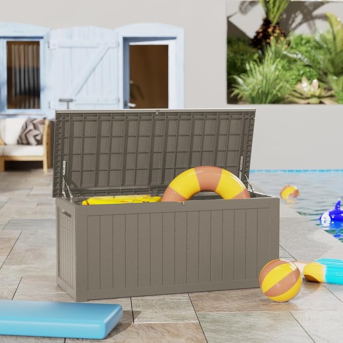 230 Gallon Double-Wall Resin Deck Box - Lockable Waterproof Outdoor Storage Box, 1000lbs Capacity & Doubles as Seating for Patio Furniture - Garden Tools, Pool Accessories (Brown)