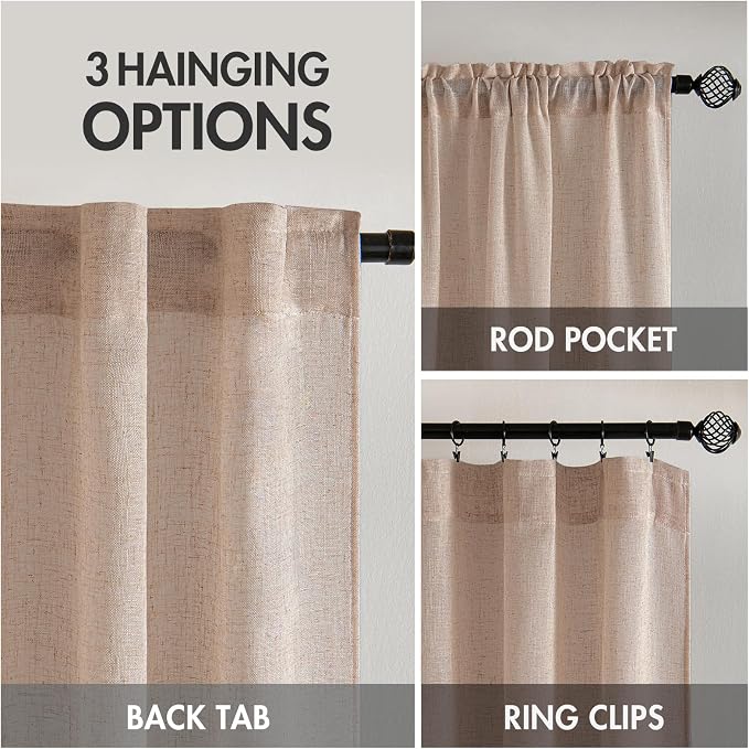 MIULEE Natural Beige Linen Curtains 54 Inch Length 2 Panels - Image 3