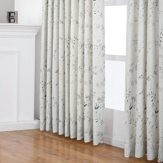 Pinch Pleated Floral Linen Curtains, 72 Inch Wide by 84 Inch Long Printed Curtains for Privacy Light Filtering, Suitable for Living Rooms and Sunrooms.2 Panels