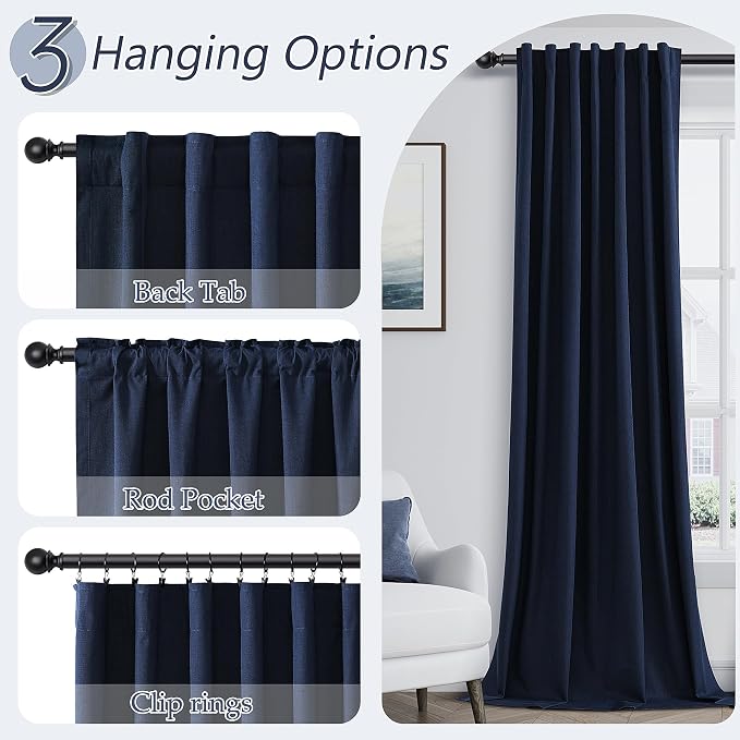 Guken Navy Blue 100% Blackout Linen Curtains 102 Inch Length 2 Panels Set - Image 5