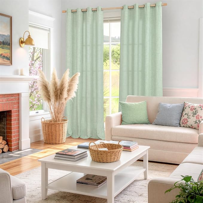 YoungsTex Sage Green Curtains, Linen Semi Sheer Drapes 84 Inch Long 2 Panel | - Image 2