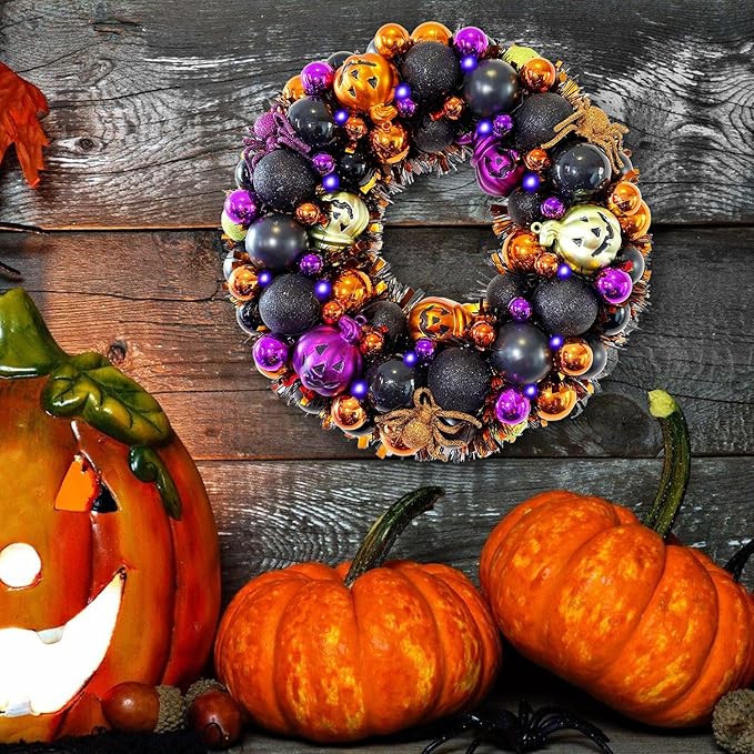 13.8 Inch Halloween Ball Wreath for Front Door with Lights, Lighted Cute Treat-or-Trick Door Wreath Ball Ornament for Halloween Indoor Decorations Centerpiece Party Holiday Wall Home Decor