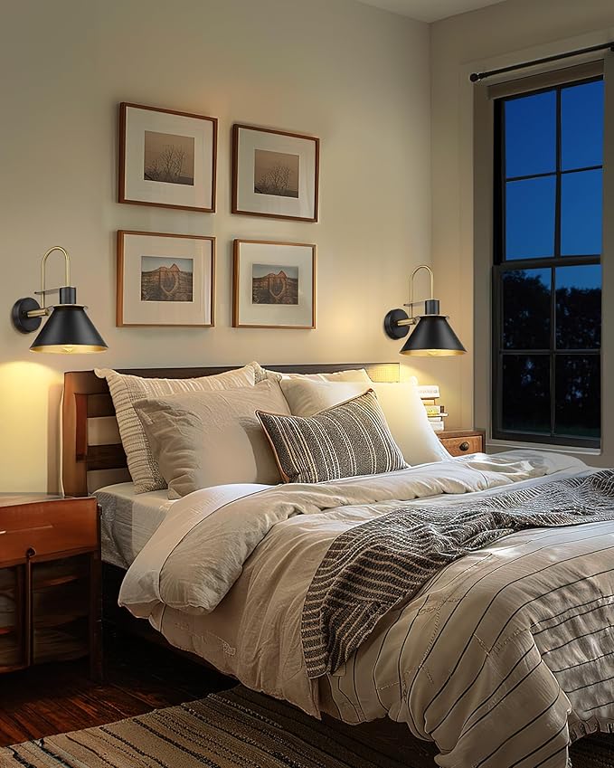 Wall Sconces Set of Two, HWH Modern Sconce Wall Lighting, 1-Light Gooseneck Barn Vanity Light, Industrial Wall Lamp for Bedroom Kitchen Bathroom, Black and Gold Finish, 5HZG56B-2L BK+BG