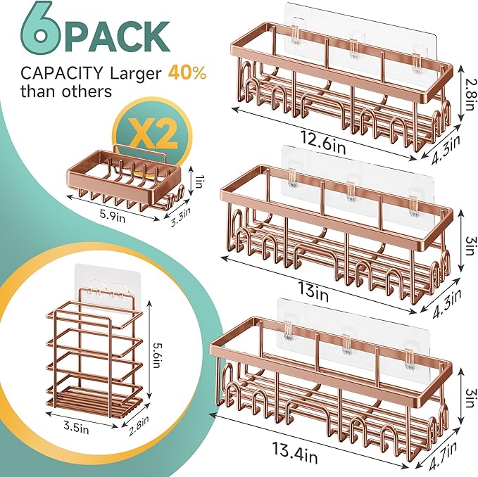 Veken Shower Caddy 6-Pack, No Drilling & Rustproof, Waterproof Adhesive Shelves Rack with Soap Holder, Large Capacity Bathroom Organizers and Storage, Wall-Mounted Kitchen & Home Decor