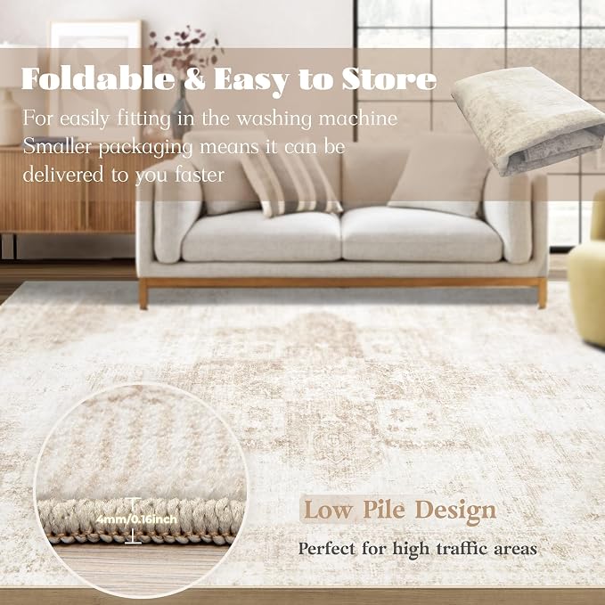 Area Rug 5x7 Washable Rug, Vintage Boho Medallion Rugs Non-Slip Soft Low Pile - Image 7