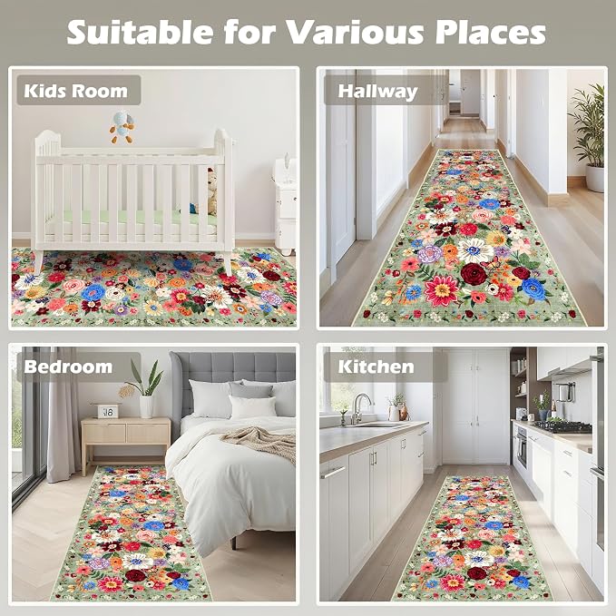 Rug for Hallways Kitchen Rug 2x8 Green, Non Slip Washable Rugs - Image 3