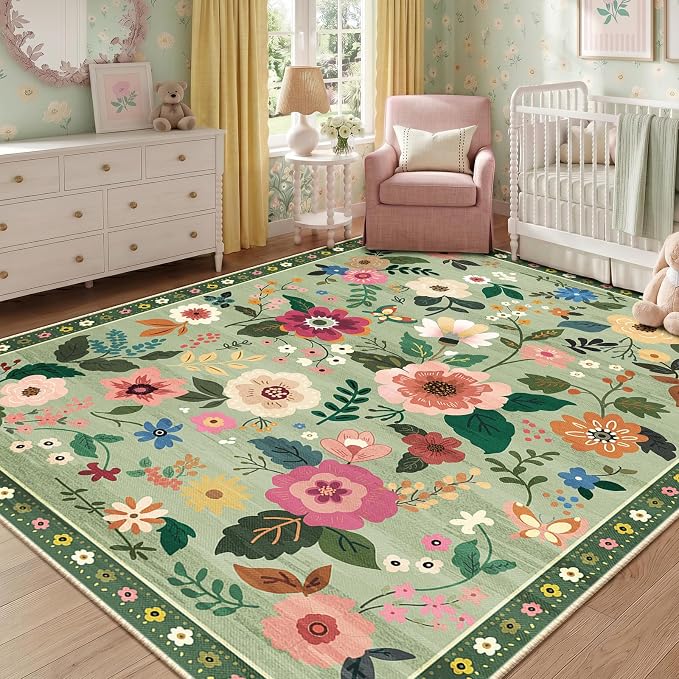 RELEANY Floral Washable 5x7 Area Rugs LightGreen | Flower Carpet Print Boho - Image 2